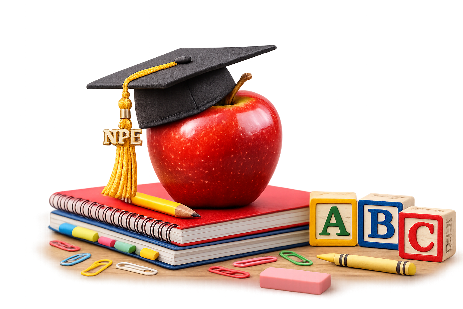 A red apple wearing a graduation cap beside school books and ABC blocks